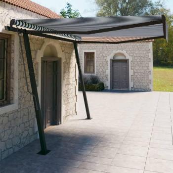 Toldo automático retráctil con postes azul y blanco 4x3 m, resistente al agua, protección UV, ideal para balcón y jardín
