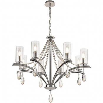 Lámpara colgante de techo Rhea 8 bombillas E14 cromo pulido con cristal y vidrio transparente, 82 cm