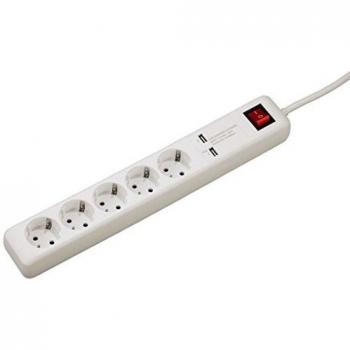 Regleta de enchufes Hama con 5 salidas AC y 2 puertos USB de 3A, cable de 1.5m, 230V, color blanco