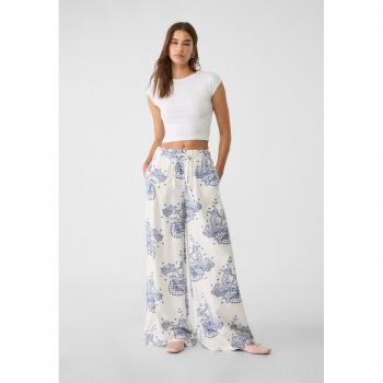 Wide-Leg Printed Linen Blend Trousers with Elasticated Waistband - White XL