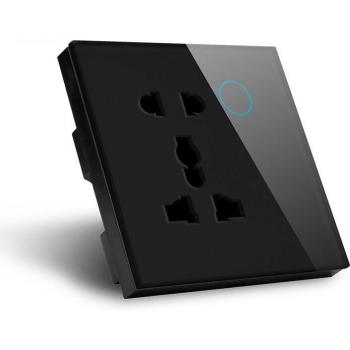Enchufe WiFi Inteligente UK 5 Pines con Panel de Cristal Templado Negro, Compatible con Google y Alexa, Dimensiones 86*86*38MM