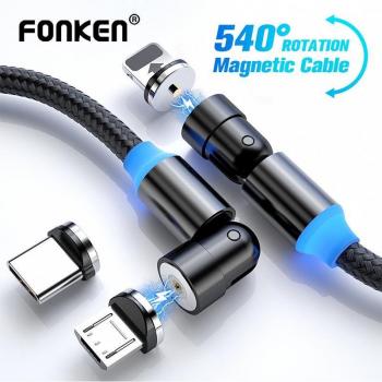Cable de carga magnético rápido FONKEN 540° rotación USB Tipo C/Lightning para iPhone IOS / Android Micro 2020, 1M Plug negro
