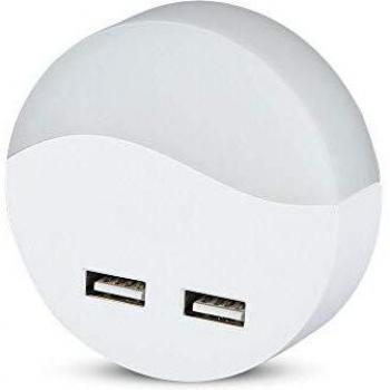 Lámpara de Noche LED Redonda 3000K con Sensor Crepuscular y Cargador USB Doble 2A - IP20