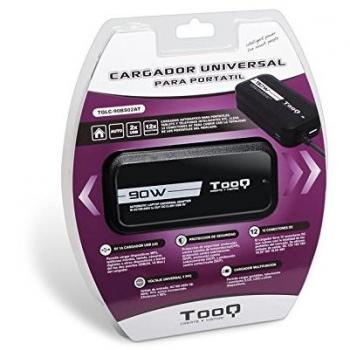 TooQ TQLC-90BS02AT - Cargador Universal automático de 90W para Ordenador portátil, Salida 2xUSB para Cargar Dispositivos, Incluye 12 Conectores Intercambiables DC, Multitensión, Negro
