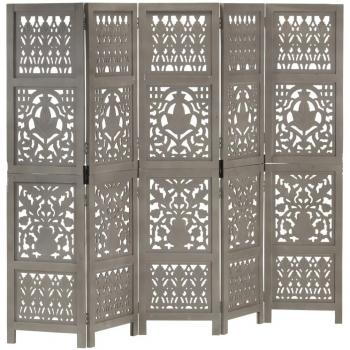 vidaXL Hand Carved 5-Panel Room Divider Grey 200x165 cm Solid Mango Wood