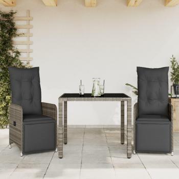 3-Piece Grey Poly Rattan Garden Bistro Set with Cushions