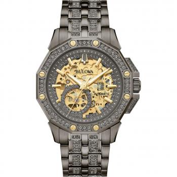 Mens Bulova Crystal Octava Automatic Watch - Gunmetal Grey, Stainless Steel, Classic Design, Model 98A293