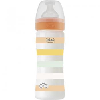 Chicco Biberón Anticólicos Bienestar Flujo Medio 250ml con Tetina Physio de Silicona Suave y Acabado Soft Sense, Biberón de Plástico Naranja para Bebés a partir de