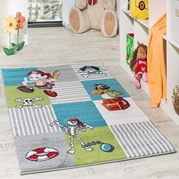 Alfombra Infantil De Pirata Con Papagayo Y Tesoro A Cuadros Verde Crema Turquesa, Grösse:120x170 cm