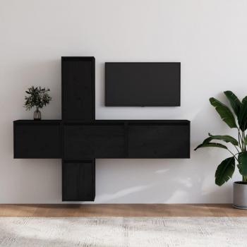 Muebles de soporte de TV 5 piezas de Madera de Pino Macizo Negro