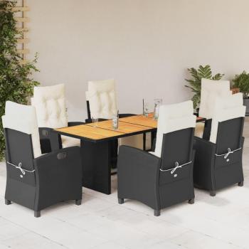 7-Piece Black Poly Rattan Garden Dining Set with Cushions