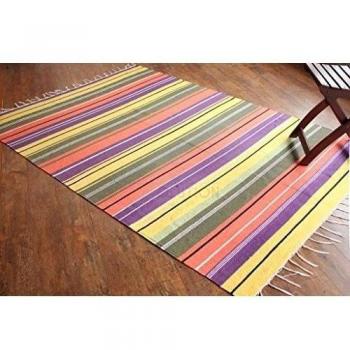 Alfombra de tejido reversible tejido 100% algodón orgánico con tintes vegetales. Estampado a rayas multicolor. Tapete. Medidas: 150x210cm