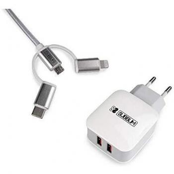 SUBBLIM ABS Dual Wall Charger 2.4A+Cable 3IN1 White