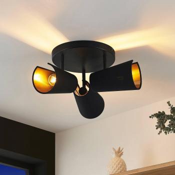 Lámpara de techo moderna Lindby Zylindro, plafón redondo de 3 luces, color negro, fabricada en textura tela y seda, adecuada para salón y comedor (E14)
