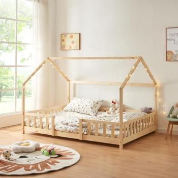 Cama Infantil Sisimiut de Madera de Pino Natural 120x200 cm con Forma de Casa y Reja Protectora