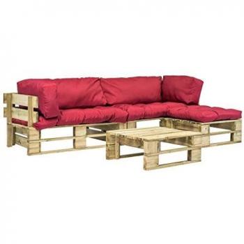 vidaXL Sofás de Jardín Palés 4 Piezas Cojín Rojo Madera Verde Exterior Patio