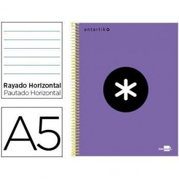 Cuaderno espiral liderpapel A5 micro antartik tapa forrada 120h 100gr horizontal 5 bandas 6 taladros color violeta.