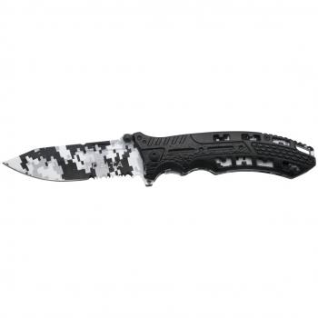 Navaja Third Delta K2797BKLS con mango de aluminio negro, hoja de acero inoxidable de 10.5 cm con sierra y diseño en camo militar digital azul, incluye clip y funda de nylon