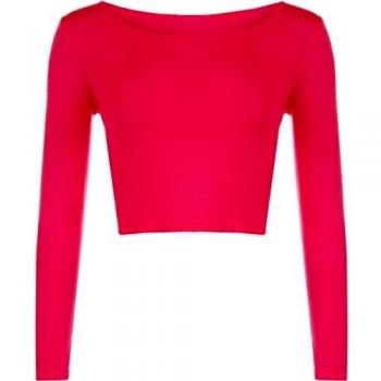 WearAll - Mujeres Manga Larga llanura Recortar la Camiseta Corta Cuello Redondo Top - Cereza - 36-38