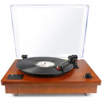 1byone Tocadiscos estéreo portátil con Altavoces Integrados, Compatible con Salida RCA / Toma de Auriculares / MP3 / la reproducción de música de teléfonos móviles,Madera Natural