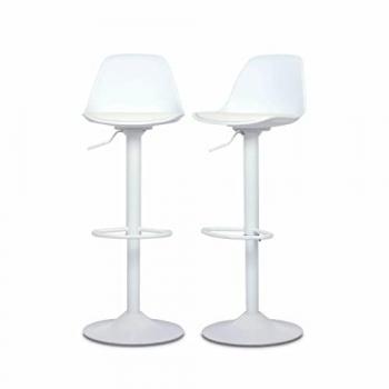 Taburetes de bar regulables polipiel, set de 2, imitación cuero, altura regulable, reposapiés, color blanco, dimensiones 38.5x40x83 cm