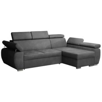 Sofá rinconero Columbus 132, gris, con función de descanso y caja de ropa de cama, dimensiones 255x170x85cm