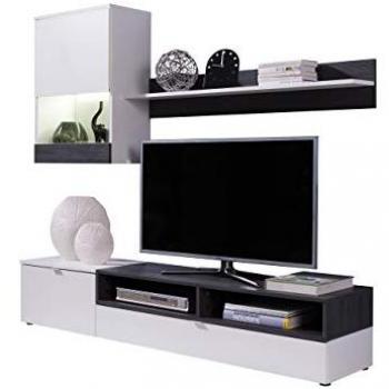 Conjunto de salón Toledo 113, blanco y pino oscuro, con mesa de TV, partes separadas, aglomerado laminado y vidrio, 175x39cm, iluminación LED