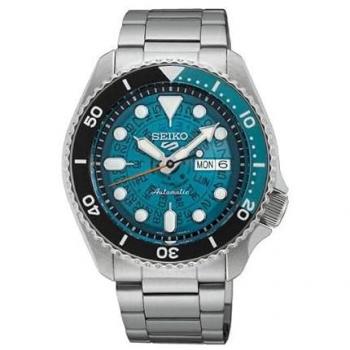 Seiko Reloj Automático Hombre 5 Sports SRPJ45K1 con diseño de esfera esquelética, estilo deportivo, color azul translúcido, resistencia al agua hasta 100 metros, movimiento automático, y correa de acero inoxidable
