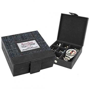 Harris Tweed gris comprobar tartán y piel Joyero caja de gemelos