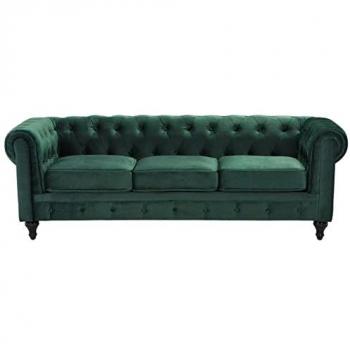 Sofá Chesterfield 3 Plazas de Terciopelo Verde con Patas de Madera Oscura