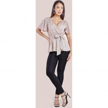 Goddiva Lurex Flutter Sleeve Wrap Top - Champagne - Size 12 UK