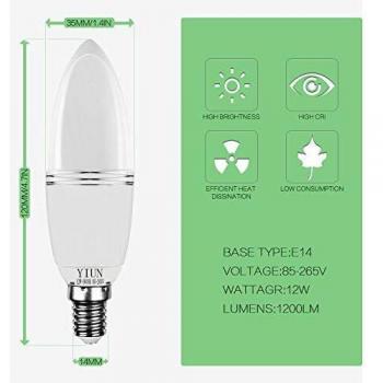 Bombillas de vela LED Yiun E14, Bombillas de candelabro LED 12W Equivalente de 100 vatios, 1200lm, 6000K, Vela decorativa E14, Lámpara LED no regulable, Paquete de 4