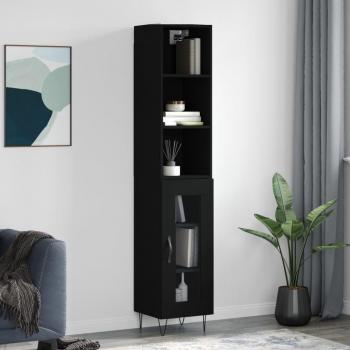 Aparador alto de madera contrachapada negro 34,5x34x180 cm con 1 puerta de cristal, mueble de almacenaje para salón, buffet y armario auxiliar