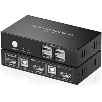 Rybozen HDMI KVM Switch 2 Puertos, 4K@30Hz KVM Switcher,4 USB 2.0 Hub,2 PC 1 Monitor,Ultra HD,con 2 Cable USB & 2 Cable HDMI