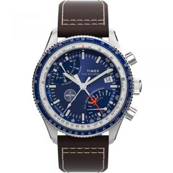 Timex Waterbury Pan Am Blue Chronograph Watch - Stainless Steel, Mineral Glass, Leather Strap