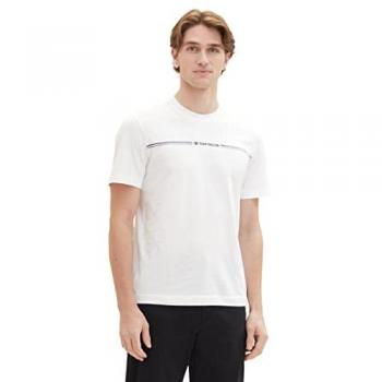 Camiseta de Hombre Tom Tailor Cuello Redondo Manga Corta Alta Calidad con Estampado de Rayas y Logo, Blanco (20000-Blanco), Talla 3XL