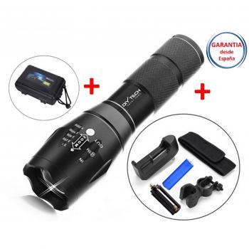Linterna LED Alcance 300-500m. Kit de Linterna Táctica de Led T6 1200LM, 5 Modos, con Ajuste intensidad y alcance. Recargable y Impermeable. Incluye: funda, soporte bicicletas, cargador, batería