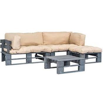 vidaXL Sofás de Jardín Palés de 4 Piezas con Cojín Arena Madera Gris Exterior Patio