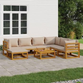 Set de Muebles de Jardín 8 Piezas con Cojines de Antorcha de Madera Maciza en Color Gris Taupé