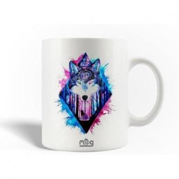 Taza de Cerámica - Lobo Acuarela - 30cl - Apta para Lavavajillas - 9,5 cm de Altura