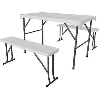 Conjunto Plegable Mesa de 113cm con 2 Bancos de 95cm para Camping Blanco GH91