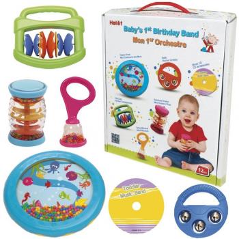 Halilit Baby's First Birthday Band Musical Instrument Gift Set. Includes Ocean Drum, Baby Maraca, Ring My Bell, Rainboshaker & Clip Clap. Music Sensory Baby Toy. Suitable for Boys & Girls 12 months +