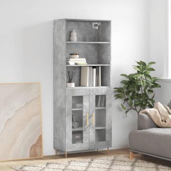 Aparador alto de madera contrachapada gris hormigón 69,5x34x180 cm con 2 puertas de cristal, mueble de almacenaje para salón, buffet y armario auxiliar