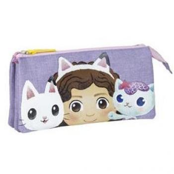 Estuche Portatodo Triple Gabby's Dollhouse Color Lila con 3 Compartimentos