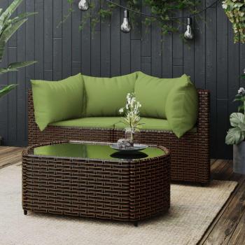 Set de muebles de jardín de 3 piezas con almohadas de Polyrattan marrón