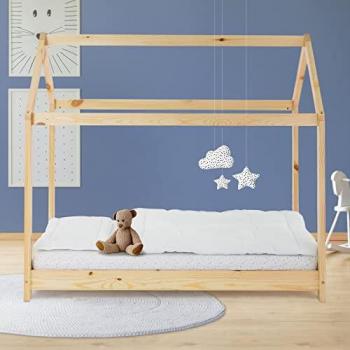 Cama Infantil Casa de Madera Natural 80x160 cm con Techo y Somier de Pino Macizo - ML-Design