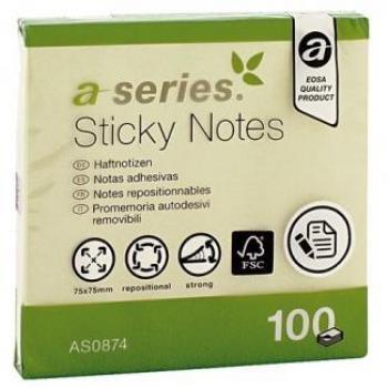 Bloc de notas adhesivas reposicionables A-Series AS0874, 75 x 75 mm, color amarillo, bloc de 100 hojas