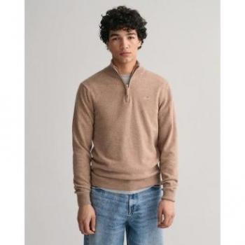 GANT Men's Dark Sand Melange Superfine Lambswool Half Zip Jumper - Beige - Medium