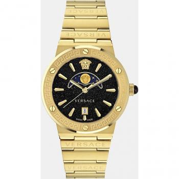 Reloj de mujer Versace Greca Logo Moonphase VE7G00323 de acero inoxidable dorado con cristal de zafiro, calendario y función de fase lunar