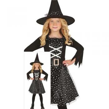 Disfraz de Bruja Estrella Plateada para Niña - Incluye Sombrero, Vestido Negro y Plateado con Cinturón - Ideal para Halloween (3 a 4 años)